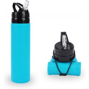600ml Pliable En Silicone Bouteille D'eau, Étanche, Sans Bpa, Ultra-Léger, Roll-Up, Idéal Pour La Salle De Sport, De Voyage Et De Randonnée (Bleu) - Neuf