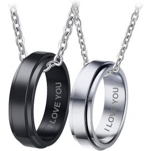 Kal-Pendentif Couple Personnalisable, Collier Pesonnalis&eacute; Cadeau Couple Amoureux Collier Amiti&eacute; Acier Inoxydable 50cm/60cm - Neuf