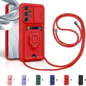 Kal-Cordon De Coque Pour Samsung Galaxy A23 5g,Couvercle Coulissant De La Caméra+Support Annulaire À 360 Degrés,Fentes Pour Cartes Lanyard Silicone Case -Rouge - Neuf