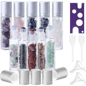 Roll On Lot de 10 bouteilles en verre pour huile essentielle,rollon,10 ml,flacons rollon pour huiles avec pierres pr&eacute;cieuses naturelles,flacons rechargeables pour huiles essentielles - Neuf