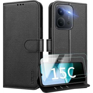 KALANKA-Coque pour Xiaomi Redmi 15C 5G/4G Coque Etui Portefeuille Cuir avec 2 Verre Tremp&eacute; Protection &Eacute;cran Porte Carte Rabat Clapet Flip Case &Eacute;tui Cover Housse Etui pour Redmi 15C 5G/4G,Noir - Neuf