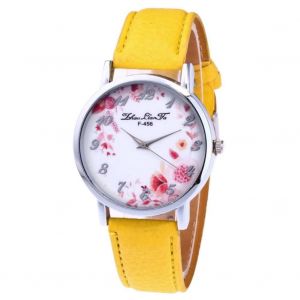 Zhoulianfa Simple Design Num&eacute;ro Fleur Motif Grand Cadran Pu Bracelet En Cuir Casual Montre (Jaune) - Neuf