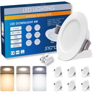 Tianyi-Sigmaled Lighting - Spot Led Encastrable 4w 360lm, Ip44 Étanche, Lumière Sélectionnable Chaude 3000k Naturelle 4000k Froide 6000k, Trou Ø70-80mm, 220v-230v Ac, Spot Led Extra Plat, 6 Pièces - Neuf
