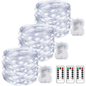 KAL-Lot De 3 Guirlande Lumineuse A Pile, 10M 100Led Guirlande Led À Pile Avec Télécommande 8 Modes Fonction Minuterie Ip65 Etanche Fil Lumineux Décoration Intérieur Extérieur Chambre Noël, Blanc Froi - Neuf