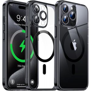 THEF-Coque Magnétique Transparente pour iPhone 15 Pro (6.1'') avec Objectif Film, [Compatible avec MagSafe] [Protection Antijaune & Antirayure & Antichoc] Etui Housse Dur avec Silicone Bord, Noir - Neuf