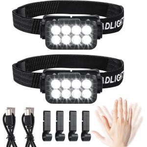 Jgd-Lot De 2 Lampes Frontales Led Rechargeables - Super Lumineuses - 2500 Lumens - 5 Modes D'&eacute;clairage - L&eacute;ger - Ipx6 - &Eacute;tanche - Capteur L&eacute;ger - Pour L'ext&eacute;rieur, Le Camping, La Course, La P&ecirc;che, Le - Neuf