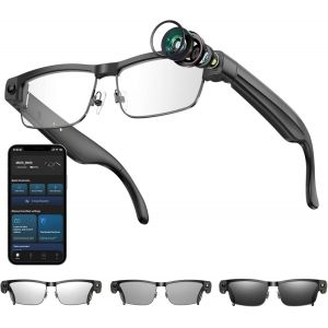 MEVRONISSHOP-AI Smart Glasses Cam&eacute;ra HD 4K 800 W Lunettes anti-tremblement avec enregistrement vid&eacute;o, double microphones avec r&eacute;duction du bruit, traduction simultan&eacute;e, int&eacute;gration ChatGPT (lentilles - Neuf