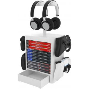 Support de Tour de Stockage pour PS5, Jeu Organisateur de Disques, pour 10 Jeux 4 Contr&ocirc;leurs 2 Casque, Support de Rangement pour Disque de DVD pour Playstation 5/4/Slim/Pro - Neuf