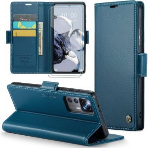 Kal-Coque Pour Xiaomi 12t/Xiaomi 12t Pro/Redmi K50 Ultra+ 2 Pi&egrave;ces Verre Tremp&eacute;,Antivol,Prend En Charge Le Chargement Sans Fil, Pochette Fermeture Magn&eacute;tique Flip Case- Bleu - Neuf