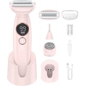 Rasoir Electrique Femme,3-In-1 Tondeuse Femme Intime,Epilateur Visage Femme Avec Affichage Led De Batterie,Sec Et Humide Ipx7,Pour Bikini,Aisselles,Jambes,Nez,Autonomie 120min,Station De Charge Usb C - Neuf