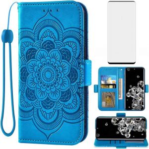 SJZG-Coque Pour Samsung Galaxy S20 Ultra 5G Portefeuille Avec Verre Tremp&eacute; Et Porte Carte Chaine Pu Cuir &Agrave; Clapet Mandala &Eacute;tui Housse Support S 20 S20Ultra Fleur Vitre T&eacute;l&eacute;phone Case Femme Bleu - Neuf