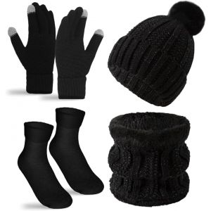 Ensemble Hiver Polaire Bonnet Tricot&eacute; Gants Chaussettes Neige Bonnet Tricot&eacute; Avec Pompon Rose Bordure Fourrure Renard, Cache-Cou Pour Plus Chaleur - Neuf