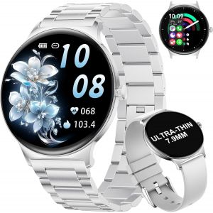 Montre Connect&eacute;e Femme Avec Appel Bluetooth, 1.43"" Hd Amoled Ronde Smartwatch Femme, Fonction F&eacute;minine/100+ Modes Sport/&Eacute;tanche Ip68/Podom&egrave;tre Pour Android Ios, Argent - Neuf