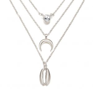 Collier Pendentif Croissant De Coquillage Retro Tendance, Collier Multicouche En Alliage De Strass - Neuf