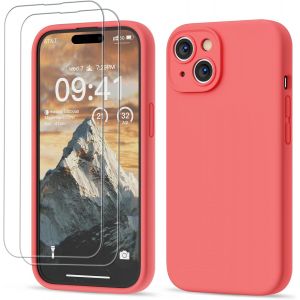 3 En 1 Coque Iphone 15 Silicone Liquide - Avec 2 Verre Trempé - Étui Protection Précise De Caméra [Résistant Aux Rayures] [Antidérapant] Iphone 15 Case 6.1"", Pomélo Rouge - Neuf