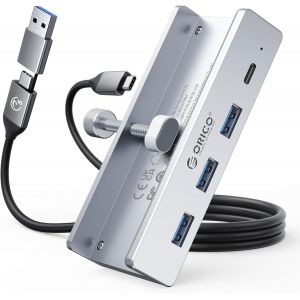 Hub Usb 3.0 En Aluminium Avec Port D'Alimentation 5 V, Adaptateur Usb C 4 Ports Avec 3 Usb-A 3.0 Et 1 Usb-C 3.0, 5 Gbps, Câble De 100 Cm (C Vers A/C), Pour Moniteurs, Bureaux, Argent - Neuf