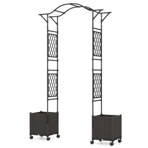 Treillis D'arche De Jardin 208 X 40 X 250 Cm Avec 2 Jardini&egrave;res Auto-Irrigantes Roues Design Moderne En M&eacute;tal Noir Helloshop26 20_0009887 - Neuf