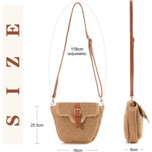 Sac &agrave; bandouli&egrave;re en paille pour Femmes Filles Sac de paille &agrave; boucle Sac &agrave; main d'&eacute;t&eacute; en paille sac de plage tiss&eacute; pour vacances voyages(Marron clair) - Neuf