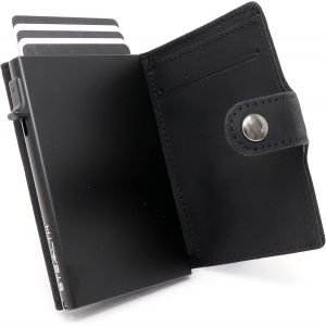CAUC-- Porte-Cartes Minimaliste - Portefeuilles Pop-up avec Blocage RFID/NFC - Porte-Cartes de Cr&eacute;dit L&eacute;ger avec Rangement pour Les Esp&egrave;ces (Noir Aluminium avec Cuir de Cheval Fou Noir) - Neuf