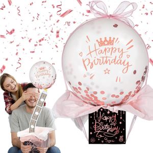 Cauc-Bo&icirc;te Surprise D'anniversaire Avec Ballons, Tirette Pour Cadeaux En Argent, Ballon, Cadeau D'anniversaire, Pour La Famille Et Les Amis, Noir Et Rose - Neuf