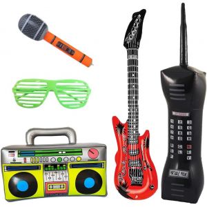 Instrument Gonflable, 5 Pièces Ballons Pour Instruments De Musique, Poste Radio Gonflable 80S, Hippie Guitare Gonflable, Micro, Téléphone, Pour Decoration Anniversaire Rock Carnival - Neuf