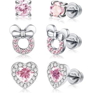 Kalhx-Boucles D'oreilles Femme Acier Inoxydable Ohrringe Kinder Coeur Cz Rose Vis Dos Boucles D'oreille Ensemble - Neuf