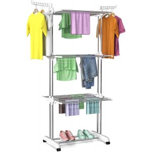 KGABERY-Etendoir Linge Intérieur Et Extérieur,Séchoir À Linge À Roulettes Multifonction À 4 Étages-Pliable-Peu Encombrant-Avec Ailes-Pour L'Intérieur Et L'Extérieur (Blanc Gris) - Neuf