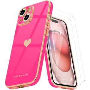 Pps-Coque Compatible Avec Iphone 15 Plus + 2 Films De Protection D'écran, Coque Pour Filles, Coque Galvanisée, Protection D'appareil Photo, Coque De Téléphone Pour Iphone 15 Plus, Rose Rouge - Neuf