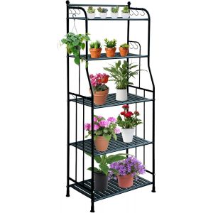 ASFASFq-Support de Plante en Métal à 5 Niveaux, Pot de Fleur Étagère de Rangement avec 10 crochetsde, Intérieure Extérieure Fer Organisateur de Maison pour le salon de balcon de Jardin - Noir - Neuf