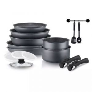 Batterie De Cuisine 15 Pièces Arthur Martin Poêles Et Casseroles Gris Mat En Aluminium Avec Accessoires - Neuf