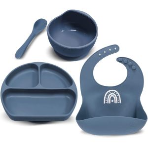 Kal-Lot De 4 Set Vaisselle Silicone Repas Bébé, Assiette Ventouse Pour Bébé, Bol Ventouse Pour Enfant, Bavoir Imperméable, Cuillère D`Apprentissage, Sans Bpa, Passe Lave Et Micro Onde (Bleu) - Neuf