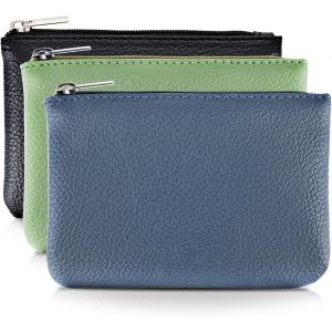 Lot De 3 Porte-Monnaie Zipp&eacute;s En Cuir Pu (Noir, Bleu, Vert Clair), Motif Litchi, Mini-Porte-Monnaie Portable Pour Hommes Et Femmes - Neuf
