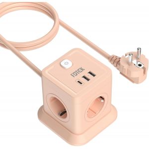 Rose Multiprise Cube 4 Prises avec 2 USB-A et 1-USB-C, 7-en-1 Bloc Multiprise avec Interrupteur (2500W/10A), Powercube avec Rallonge de 1,8 M&egrave;tres pour Maison, Cuisine, Bureau - Neuf
