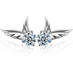 Femme Clous Boucles D'oreilles Ailes D'anges 18ct Plaqué Or Blanc Avec Cristaux Blancs - Neuf