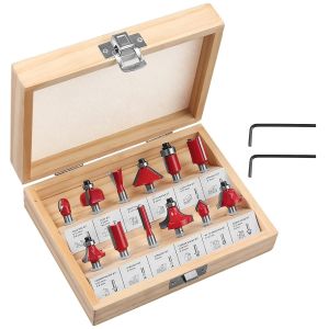 KAL-Jeu De 12 Fraise Defonceuse Rouge En Carbure Tige De 6,35 Mm Fraises Bois Avec 2 Clés Hexagonales Boîte En Bois Fraises Professionnelles Pour Travail Du Bois Fraisage Scie Bordure - Neuf