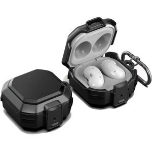 Coque pour Samsung Galaxy Buds Live/Buds FE/Buds 2 / Buds Pro/Buds 2 Pro - Housse en Silicone et PC Dur, Verrouillage Sécurisé, Crochet Métallique, Visibilité LED, Antichoc -Noir - Neuf