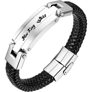 Kal-Bracelet Tress&eacute; Cuir Plaque Acier Inoxydable Grav&eacute; His Queen&her King Couleur Or Argent Noir Pour Femme Homme Bracelet Manchette Personnalisable Romantiques Cadeau Anniversaire Saint Valentin - Neuf