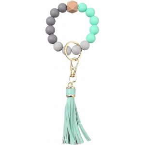 Kal-Bracelet Porte Cl&eacute;s En Silicone Pour Femme Porte Cl&eacute;s En Perles De Silicone Cha&icirc;ne Porte Cl&eacute;s En Perles Avec Pompon En Cuir Pu Vert Et Fermoir &Agrave; Vis Dor&eacute; Pour Cl&eacute;s De Voiture - Neuf