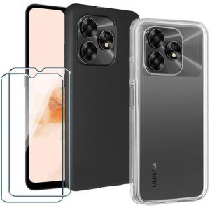 Pack 4-En-1 Pour Umidigi A15/A15c (6,7 Pouces) - 1 Coque Tpu Transparente + 1 Coque Silicone Noire Souple + 2 Vitres Trempées 9h - Neuf