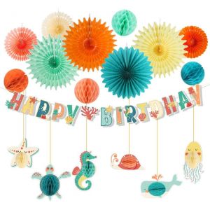 ChicSlick-Decoration Anniversaire Thème Marin Enfant Bannière Joyeux Anniversaire Boule En Nid D'Abeille Deco Suspendu Animaux De Océan, Étoile De Mer, Baleine, Tortue Pour Bebe Fille Garcon[X1709] - Neuf
