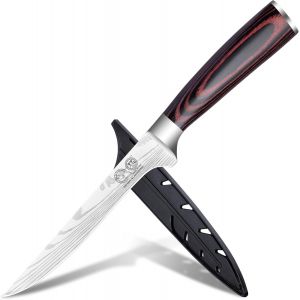 Sjzg-Kitchen Knife,Stainless Steel,5.5 Inch Boning Knife,Laser Damascus Pattern,Razor Sharp Blade Fish Filleting Carving Knife With Sheath,Portable Outdoor Camping Knife Tool - Neuf