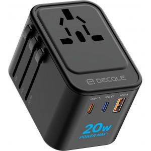 THEF-Adaptateur Prise Universelle, Adaptateur Voyage International avec 2 Ports USB-C(PD 20W) ¿ 1 USB-A, Concerner France vers USA, UK, EU, AU ¿ 224+ Pays (Noir) - Neuf