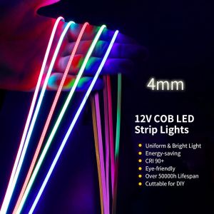 Bleu Glacier Ruban Led Cob 5m,Dc12v 4mm Bande Led Chambre,480led/M Cri90+ Flexible Lumiere Led Gaming Adh&eacute;sif Rubans &Agrave; Led Pour Tv,Cuisine,Maison D&eacute;cor Int&eacute;rieure,Diy(Seule Bandeau Led) - Neuf