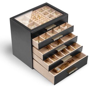 Grande Boîte À Bijoux À 5 Niveaux Avec Couvercle En Verre, 5 Tiroirs, Pour Colliers, Boucles D'oreilles, Montres, Bracelets, Rangement De Bijoux, Moderne, Noire - Neuf