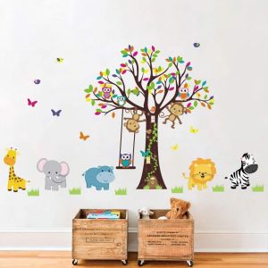 Sticker Muraux Animaux Foret Autocollant Mural Arbres Amovible Deco Stickers Girafe Éléphant Singe Chambre Enfant Bébé Salon Decoration - Neuf