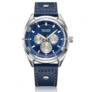 Megir Hommes Casual Cuir Calendrier 24 Heures Quartz Analogique Montre Argent Bo&icirc;tier Cadran Bleu Bracelet - Neuf