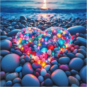 Ayuhr-Peinture Diamant Carrée 40 X 40 Cm - Motif C?urs Sur La Plage - Brille Dans L'obscurité - Plage - Mer - C?ur - Mosaïque - Diamant - Broderie Au Point De Croix - Cadeau - Décoration Murale - Neuf