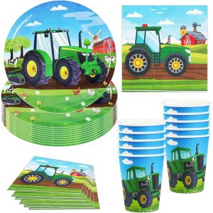 Sjzg-Service De Table Tracteur, 40 Pi&egrave;ces D&eacute;coration De F&ecirc;te, Vaisselle D'anniversaire Avec Assiettes, Gobelets Et Serviettes En Carton, Fournitures De Table - 10 Invit&eacute;s - Neuf