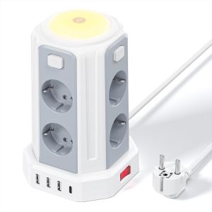 12 en 1 Multiprise avec Interrupteur (3600W/16A), 2M Tour Multiprise with 4 USB Ports and 8 Sockets, avec Lumi&egrave;re pour Le Bureau et la Maison - Neuf