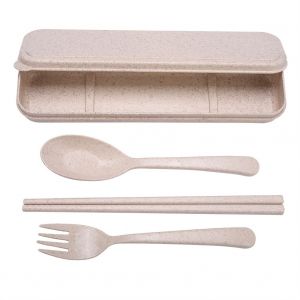 Hjlian Lot De 3 Couverts Portables En Paille De Ble, Cuilleres, Baguettes, Fourchettes Et Etui De Voyage Beige - Neuf